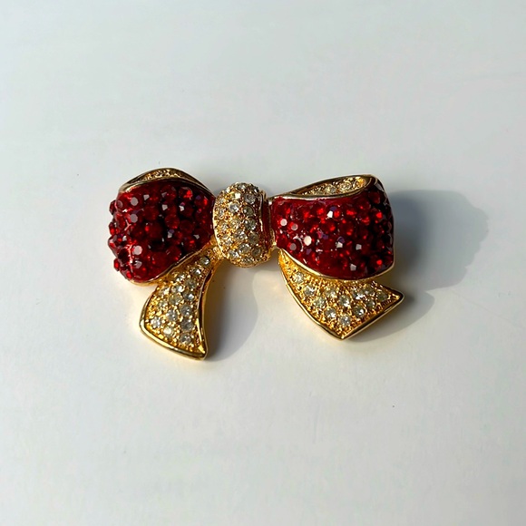 Bow Brooch • Cute for the Holiday Season • Red & Silver Rhinestones • - Picture 2 of 4